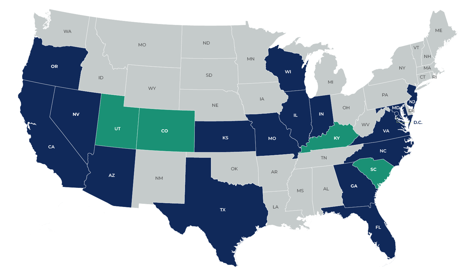 Interactive map of the United States showing current coverage in blue states including Oregon, California, Arizona, Nevada, Colorado, Utah, Texas, Kansas, Missouri, Wisconsin, Illinois, Indiana, Kentucky, Tennessee, Georgia, South Carolina, North Carolina, Virginia, Maryland, Delaware, New Jersey, and Florida. Green states including Nevada, Utah, and Colorado indicate upcoming expansion areas.